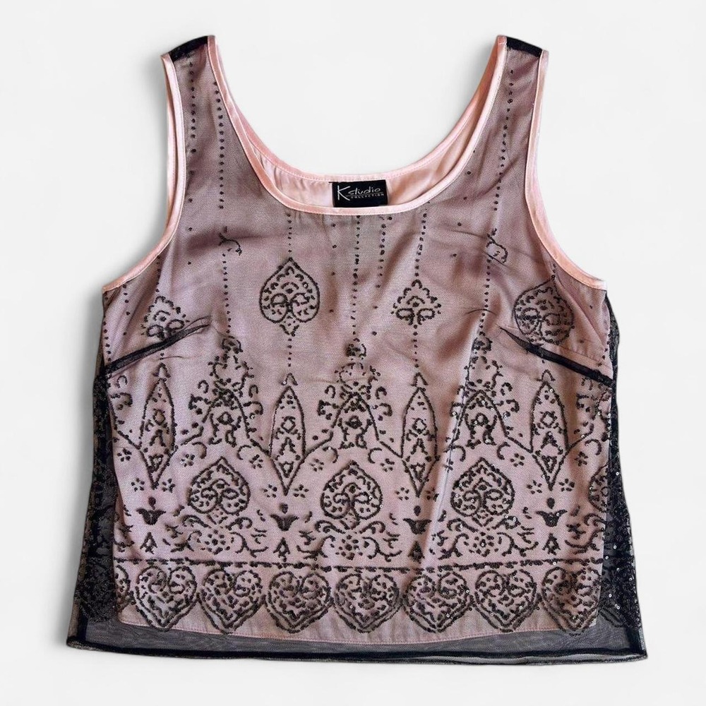 Vintage K Studio Collection Beaded Pink and Black Mesh Top